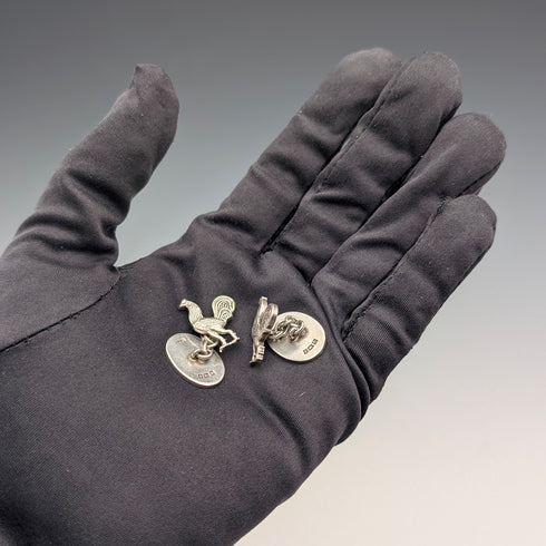 1953 British Vintage Rooster Sculpture Sterling Silver Cufflinks, Deakin & Francis