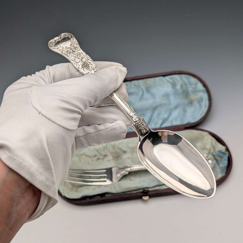 1849 British antique sterling silver christening cutlery pair, 128g total, case included, Samuel Hayne & Dudley Caterer