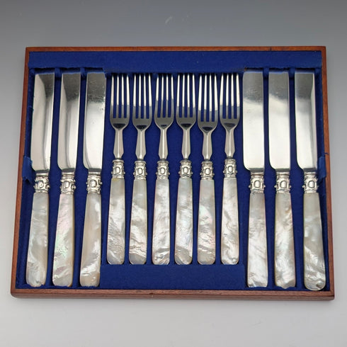 Circa 1860 British antique white mother-of-pearl handle dessert cutlery, 6 pairs, with tray