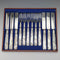 Circa 1860 British antique white mother-of-pearl handle dessert cutlery, 6 pairs, with tray