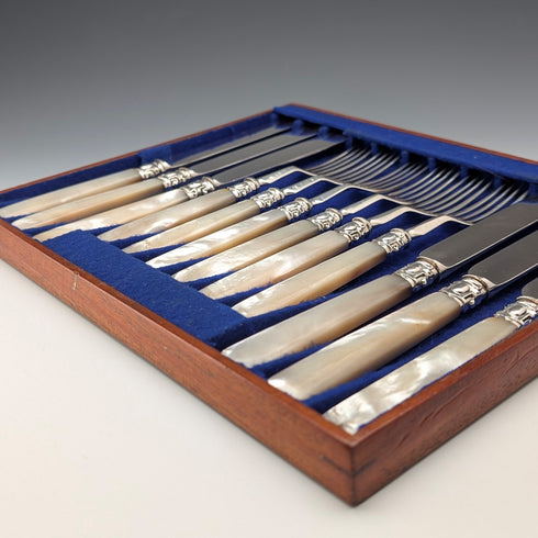 Circa 1860 British antique white mother-of-pearl handle dessert cutlery, 6 pairs, with tray