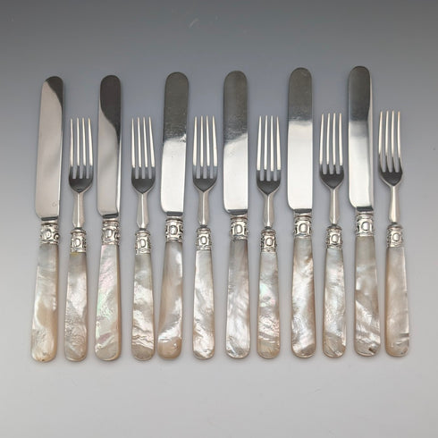 Circa 1860 British antique white mother-of-pearl handle dessert cutlery, 6 pairs, with tray