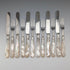 Circa 1860 British antique white mother-of-pearl handle dessert cutlery, 6 pairs, with tray