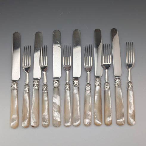 Circa 1860 British antique white mother-of-pearl handle dessert cutlery, 6 pairs, with tray