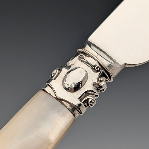 Circa 1860 British antique white mother-of-pearl handle dessert cutlery, 6 pairs, with tray