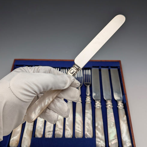 Circa 1860 British antique white mother-of-pearl handle dessert cutlery, 6 pairs, with tray