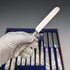 Circa 1860 British antique white mother-of-pearl handle dessert cutlery, 6 pairs, with tray
