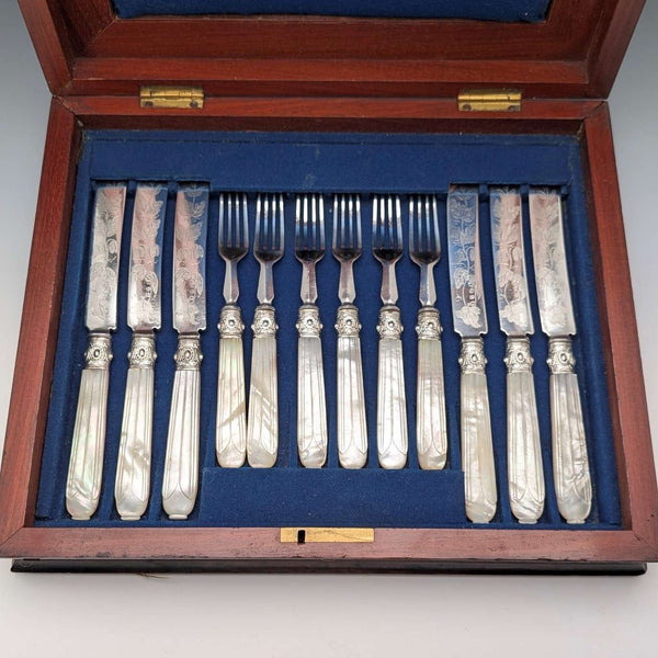 1870年頃 英国アンティーク 白蝶貝ハンドル デザートカトラリー6ペア 木箱入り