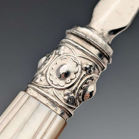 1870 British antique white mother-of-pearl handle dessert cutlery, 6 pairs, wooden box
