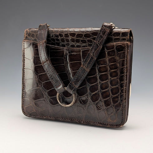 1905年 英国アンティーク 純銀マウント ブラウンレザー ハンドバック風革財布 Ludwig Krumm