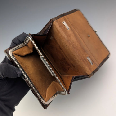 1905年 英国アンティーク 純銀マウント ブラウンレザー ハンドバック風革財布 Ludwig Krumm