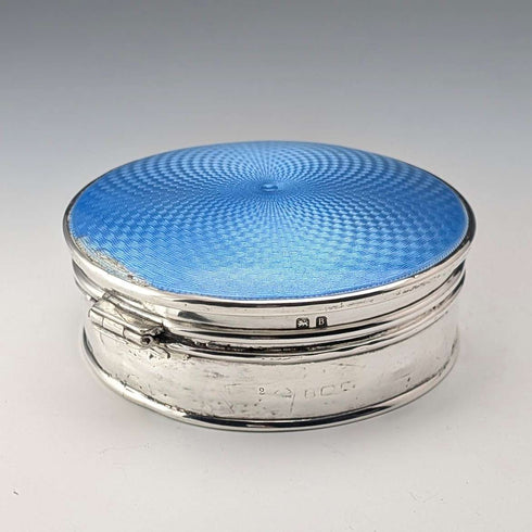 1926 British Antique Blue Guilloche Enamel Sterling Silver Jewelry Box 120g