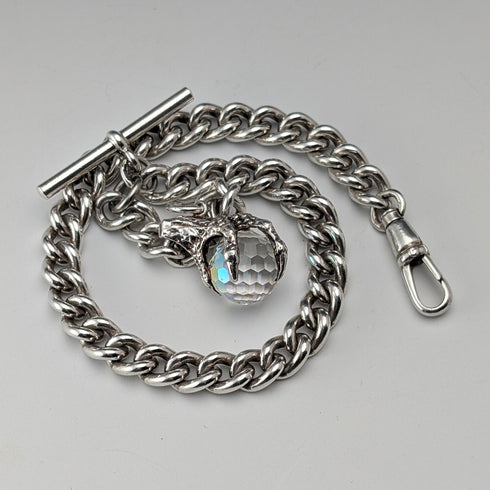 英国ヴィンテージ 純銀製アルバートチェーン 42g 純銀台座クロウ&ボウルフォブ