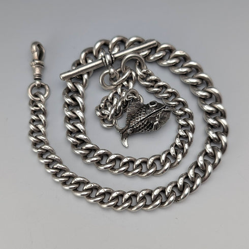 1900年頃 英国アンティーク 純銀製 アルバートチェーン 53g 魚チャームフォブ