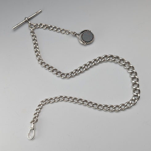 1914年頃 英国アンティーク 純銀製アルバートチェーン 38g 純銀台座2色回転フォブ