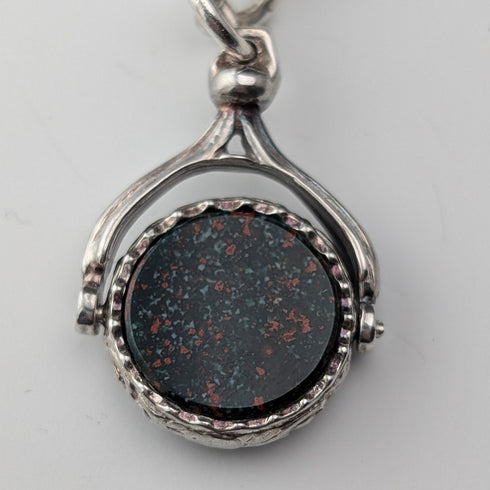 1914年頃 英国アンティーク 純銀製アルバートチェーン 38g 純銀台座2色回転フォブ