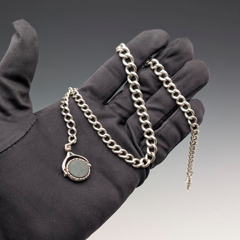 1914年頃 英国アンティーク 純銀製アルバートチェーン 38g 純銀台座2色回転フォブ