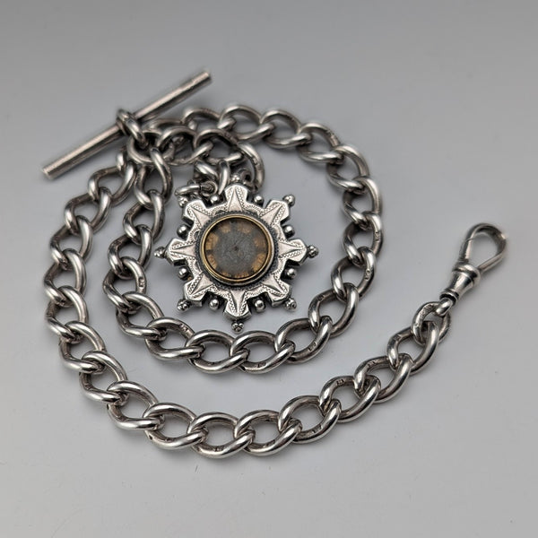 1893年 英国アンティーク 純銀製アルバートチェーン 42g  純銀台座コンパスフォブ