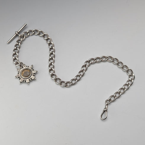 1893年 英国アンティーク 純銀製アルバートチェーン 42g 純銀台座コンパスフォブ