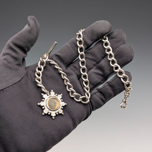 1893年 英国アンティーク 純銀製アルバートチェーン 42g 純銀台座コンパスフォブ