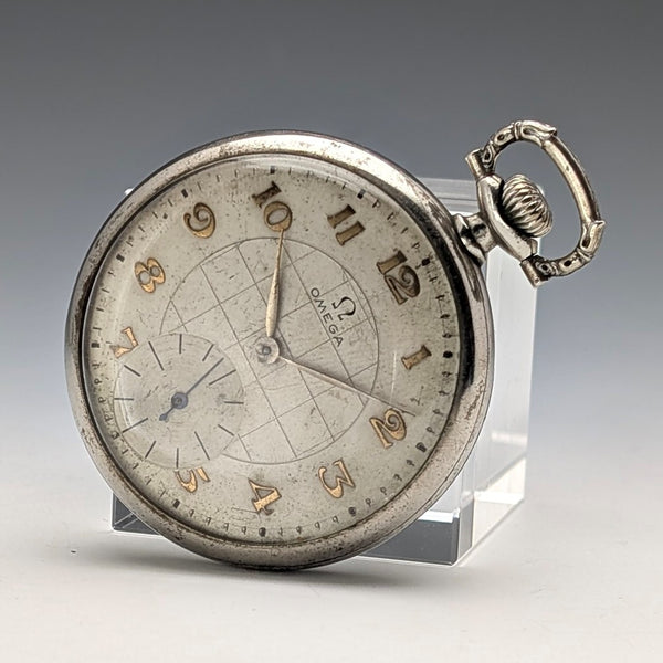 Circa 1930 Vintage Omega Pocket Watch Art Deco Style Alloy Open Face In Good Working Condition