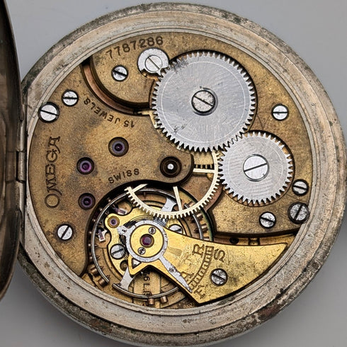 1930年頃 ヴィンテージ オメガ 懐中時計 アールデコスタイル 合金オープンフェース 動作良好