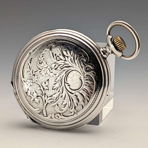 Circa 1910 Antique Longines Pocket Watch with Art Nouveau Decoration, Silver Side Hunter Case, in Good Working Condition
