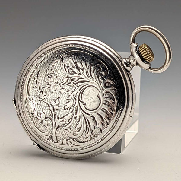 約 1910 年古董浪琴懷錶,新藝術風格裝飾,銀色側獵錶殼,運作良好