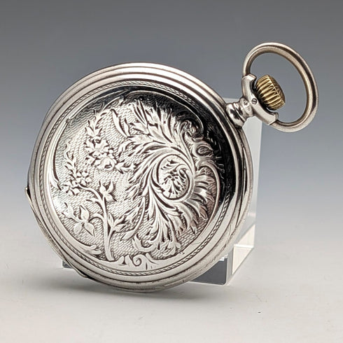 1910年頃 アンティーク ロンジン 懐中時計 アール・ヌーヴォー装飾 銀側ハンターケース 動作良好