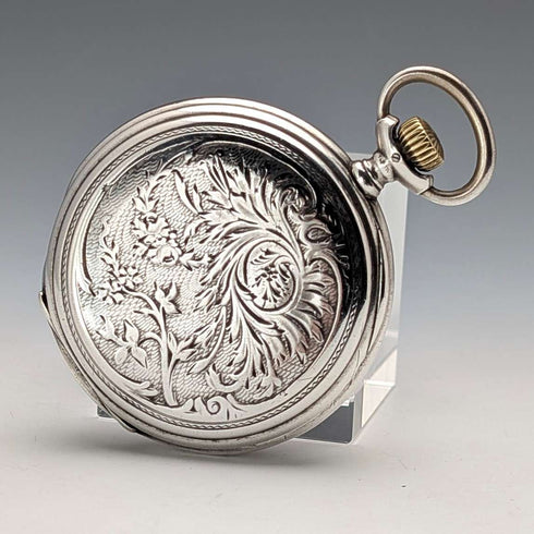 Circa 1910 Antique Longines Pocket Watch with Art Nouveau Decoration, Silver Side Hunter Case, in Good Working Condition