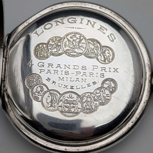 Circa 1910 Antique Longines Pocket Watch with Art Nouveau Decoration, Silver Side Hunter Case, in Good Working Condition