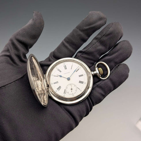 Circa 1910 Antique Longines Pocket Watch with Art Nouveau Decoration, Silver Side Hunter Case, in Good Working Condition