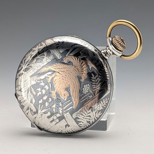 Antique Hungarian Brauswetter Janos pocket watch, silver side Niello decoration, hunter case, in good working order