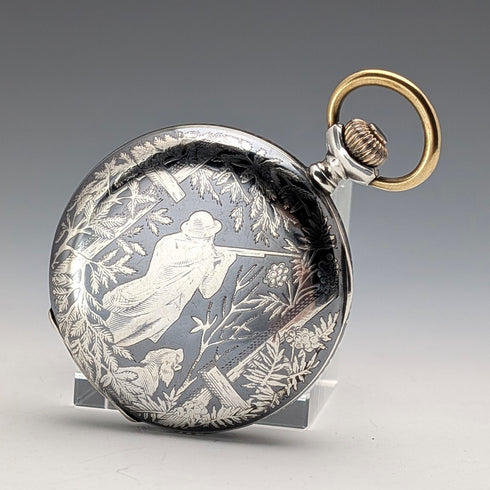 Antique Hungarian Brauswetter Janos pocket watch, silver side Niello decoration, hunter case, in good working order
