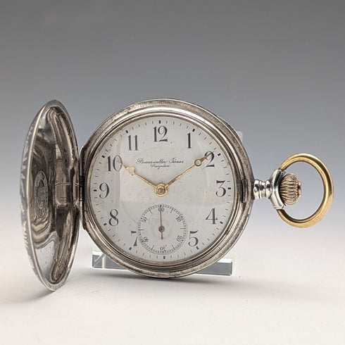 Antique Hungarian Brauswetter Janos pocket watch, silver side Niello decoration, hunter case, in good working order