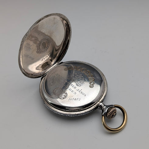 Antique Hungarian Brauswetter Janos pocket watch, silver side Niello decoration, hunter case, in good working order
