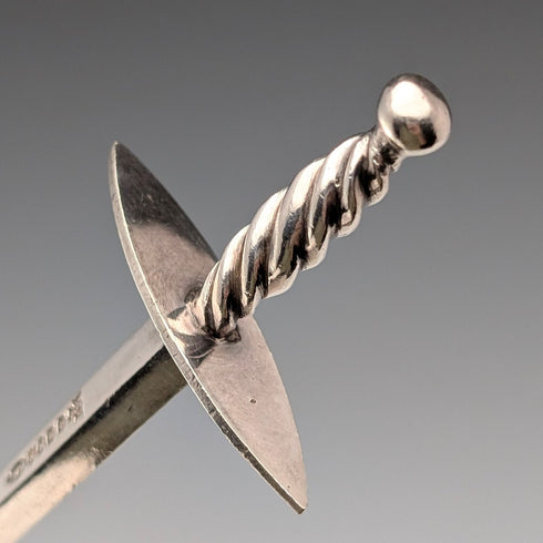 Antique British silver plate sword-shaped meat skewers pair by William Hutton & Sons