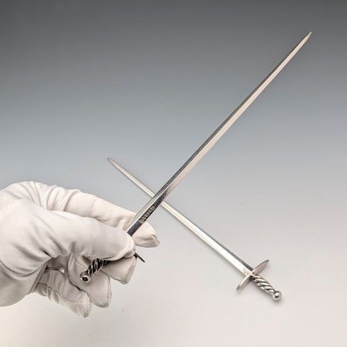 Antique British silver plate sword-shaped meat skewers pair by William Hutton & Sons