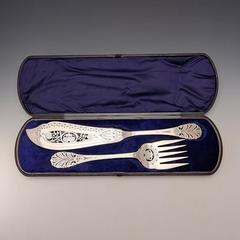 Antique British silver plate fish server set in case