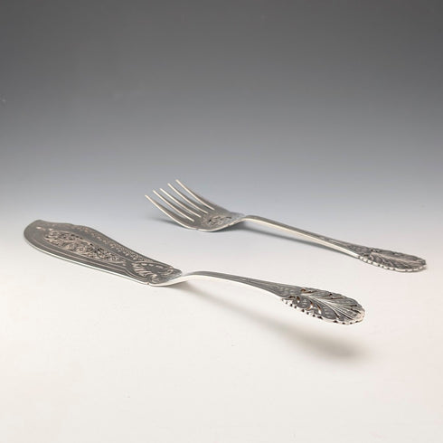 Antique British silver plate fish server set in case