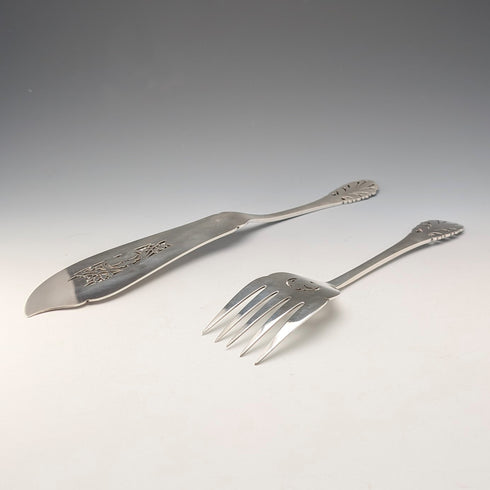 Antique British silver plate fish server set in case