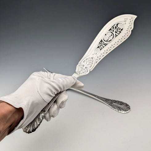 Antique British silver plate fish server set in case