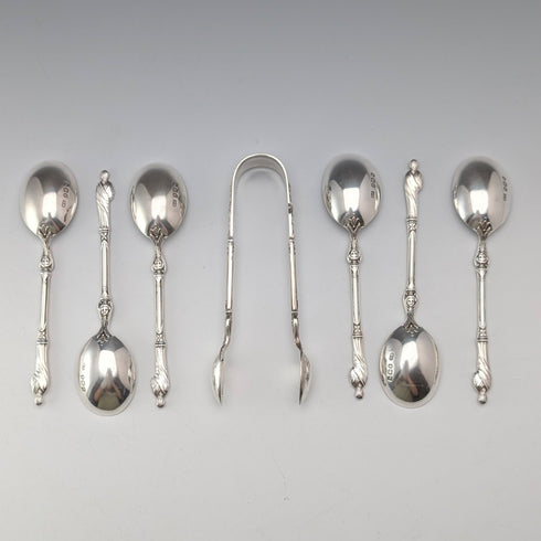 1899 British antique sterling silver apostle teaspoon set of 6 and sugar tongs, 106g total, case included, Harrison Brothers&Howson