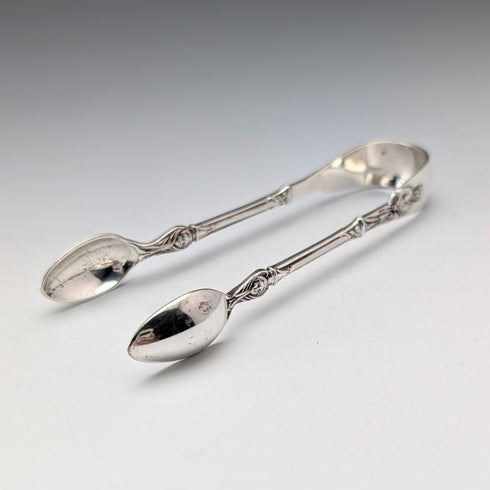 1899 British antique sterling silver apostle teaspoon set of 6 and sugar tongs, 106g total, case included, Harrison Brothers&Howson