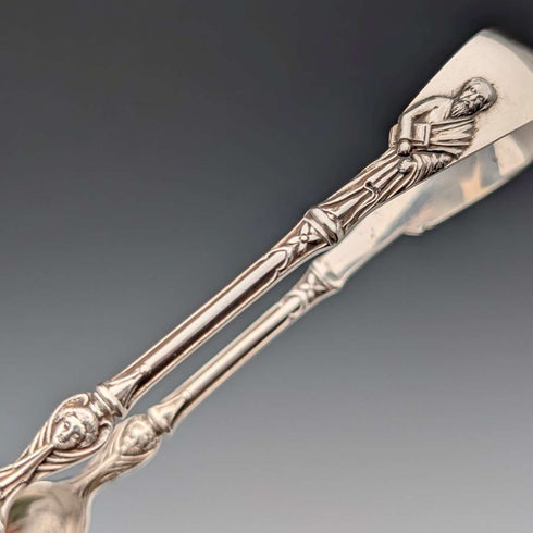1899 British antique sterling silver apostle teaspoon set of 6 and sugar tongs, 106g total, case included, Harrison Brothers&Howson