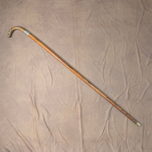 1919 British antique brown shaft dog head handle pure silver decorated walking stick 87cm Jonathan Howell