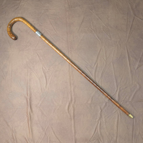 Circa 1921 British antique brown shaft, curved handle, pure silver decoration, walking stick, 88cm