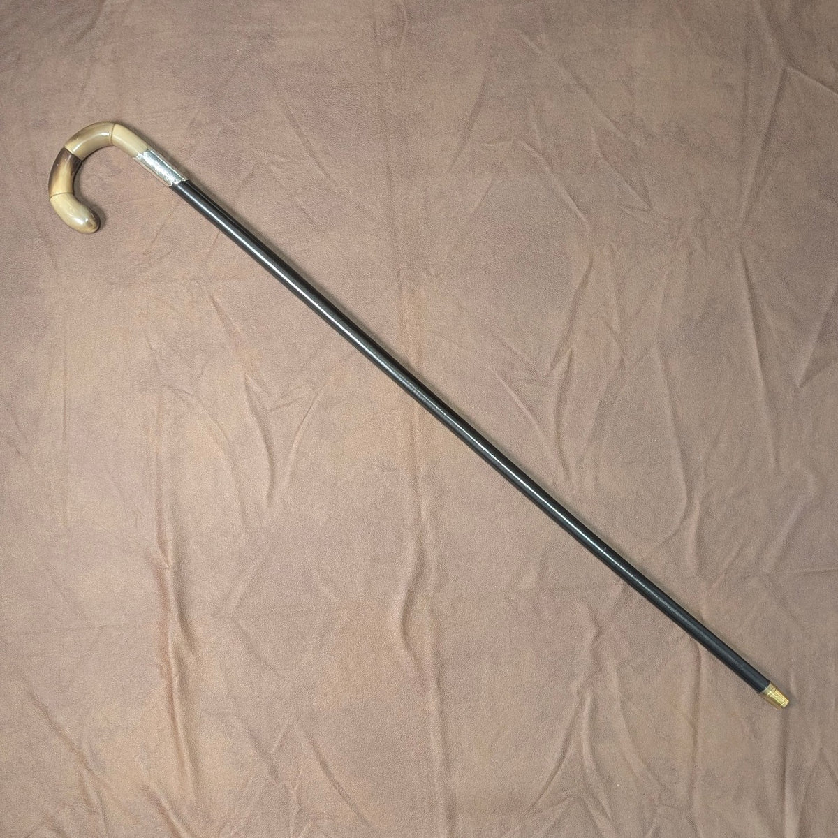 1920年 英国アンティーク ブラックシャフト ホーン曲がりハンドル 純銀装飾 ステッキ 杖 88cm 1920年 英国アンティーク ブラックシャフト ホーン曲がり