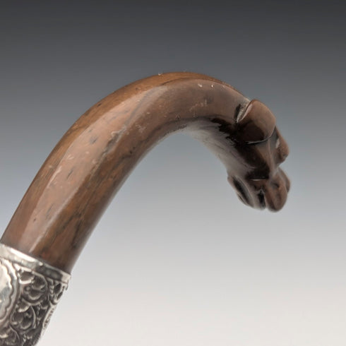 1919 British antique brown shaft dog head handle pure silver decorated walking stick 87cm Jonathan Howell