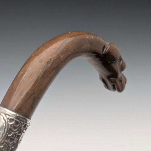 1919年 英国アンティーク ブラウンシャフト ドッグヘッドハンドル 純銀装飾 杖 87cm Jonathan Howell